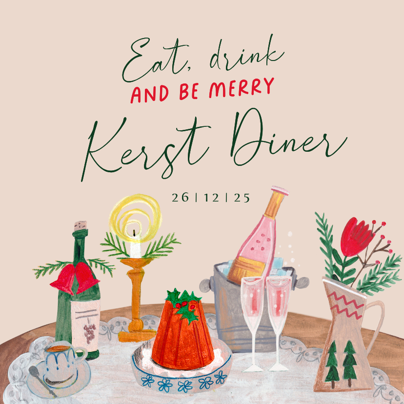 Uitnodiging kerstdiner doodle illustratie eten en drinken - Kerstkaarten Kerstkaarten - Uitnodiging kerstdiner doodle illustratie eten en drinken