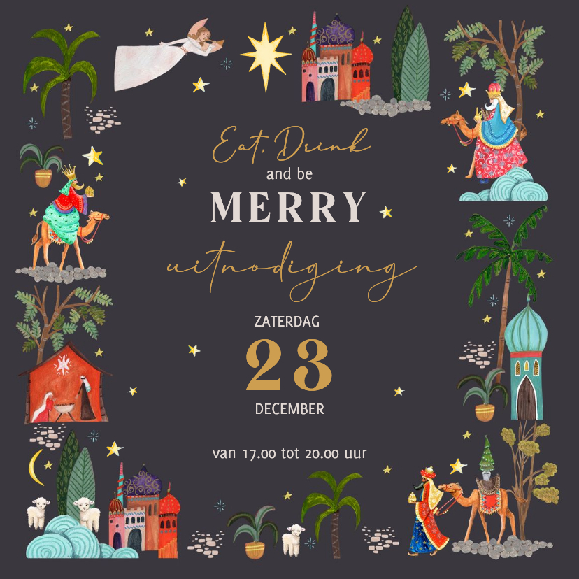 Kerstkaarten - Uitnodiging kerstdiner drie koningen illustratie