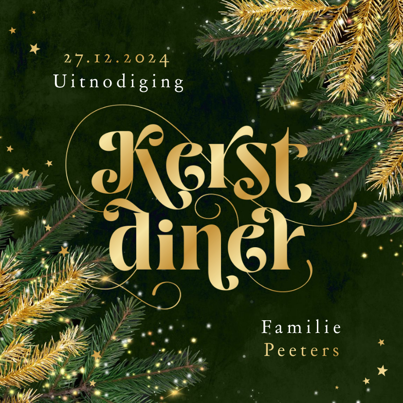 Uitnodiging kerstdiner goud groen sterren sparkle - Kerstkaarten Kerstkaarten - Uitnodiging kerstdiner goud groen sterren sparkle