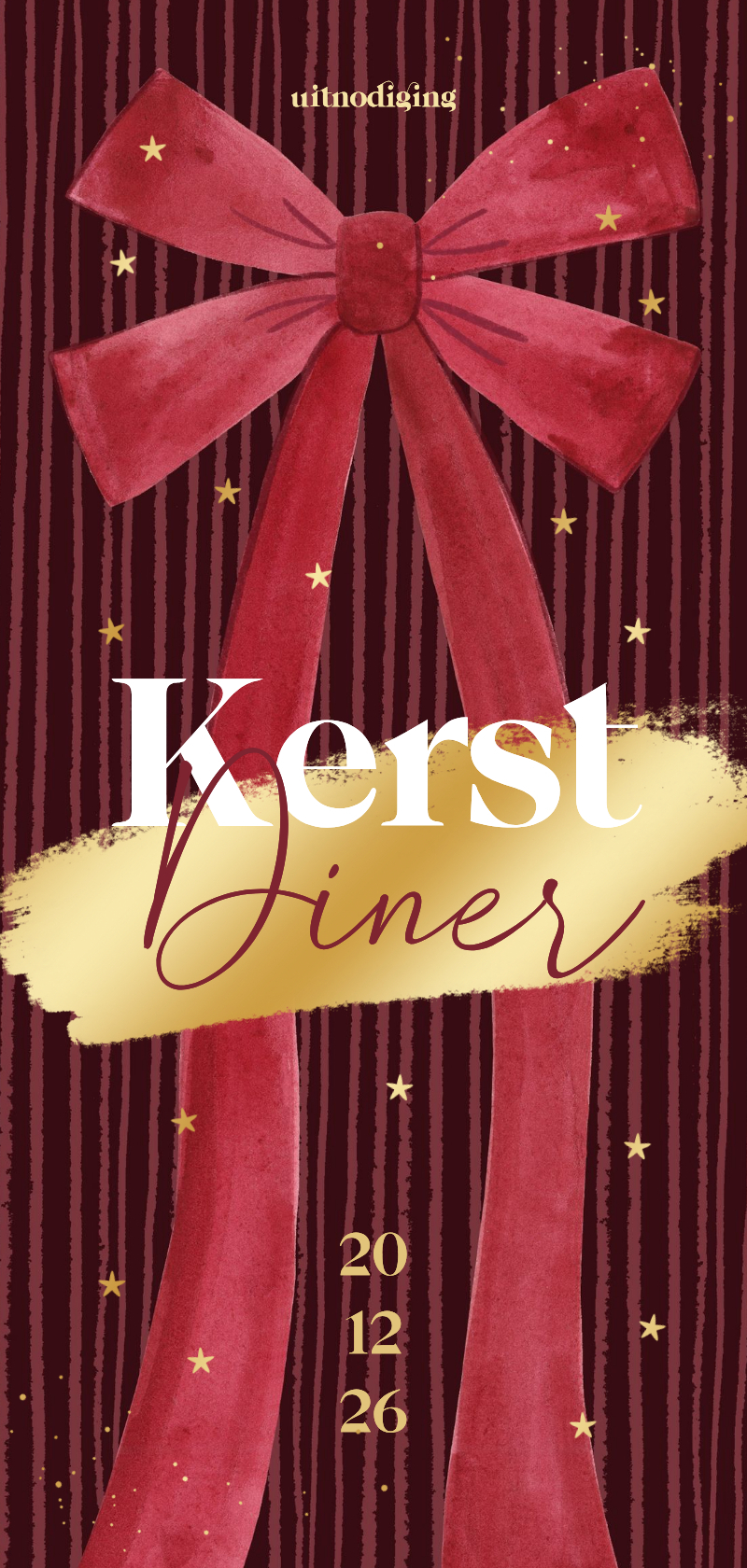 Kerstkaarten - Uitnodiging kerstdiner grote strik strepen gouden sterren