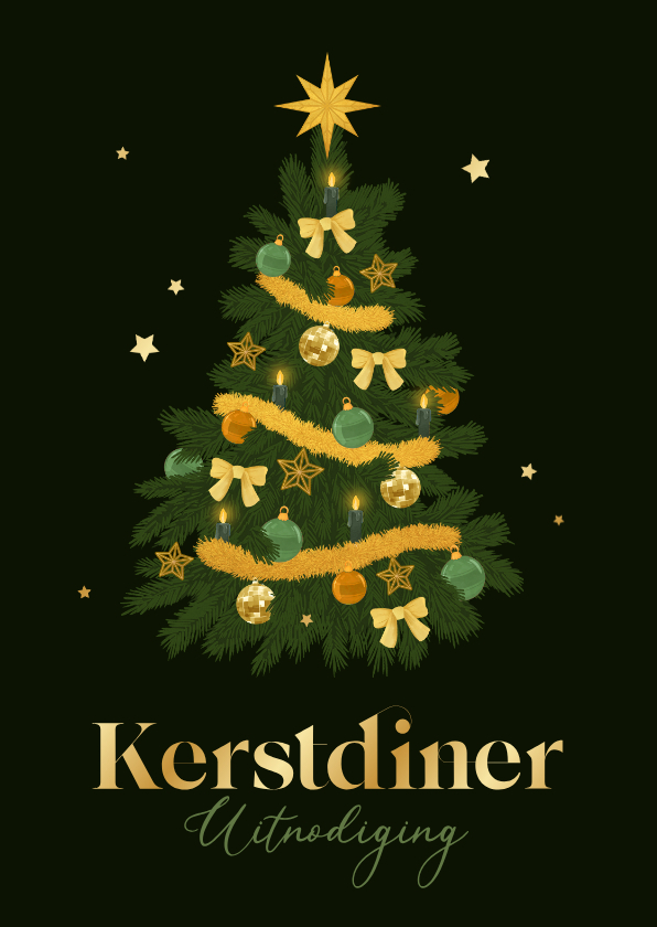 Uitnodiging kerstdiner kerstboom groen goud sterretjes - Kerstkaarten Kerstkaarten - Uitnodiging kerstdiner kerstboom groen goud sterretjes