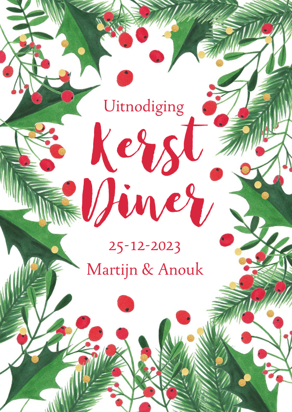 Kerstkaarten - Uitnodiging kerstdiner kersttakken, hulst en confetti