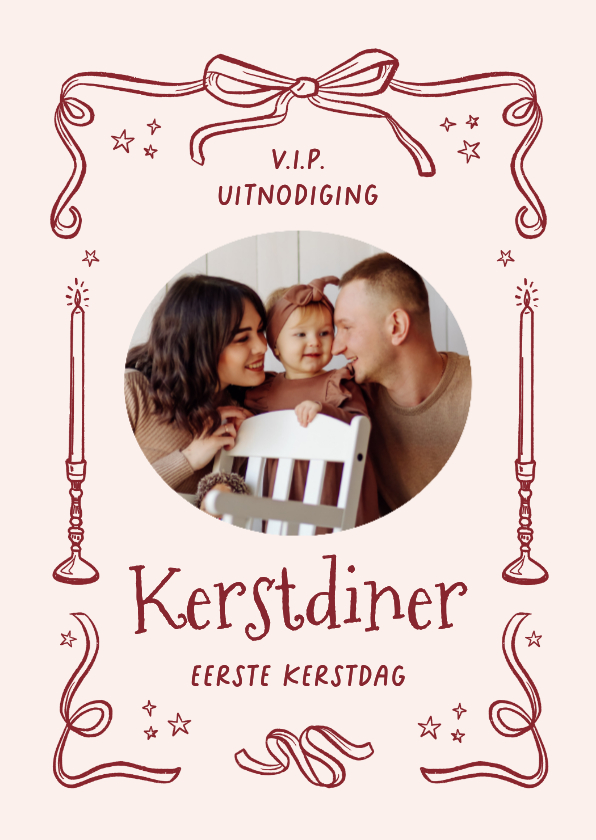 Uitnodiging kerstdiner strikjes foto kandelaar lintjes kader - Kerstkaarten Kerstkaarten - Uitnodiging kerstdiner strikjes foto kandelaar lintjes kader