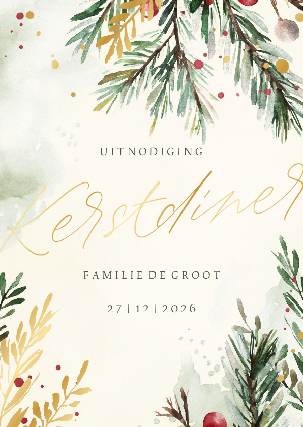 Uitnodiging kerstdiner waterverf kersttakjes met goud - Kerstkaarten Kerstkaarten - Uitnodiging kerstdiner waterverf kersttakjes met goud