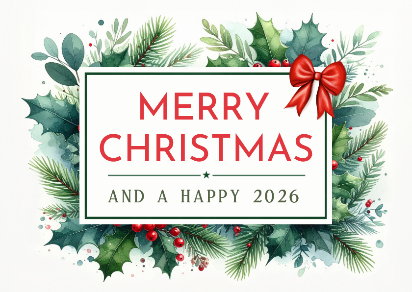 Kerstkaarten - Vintage botanische kerstkaart met kersttakjes en strik