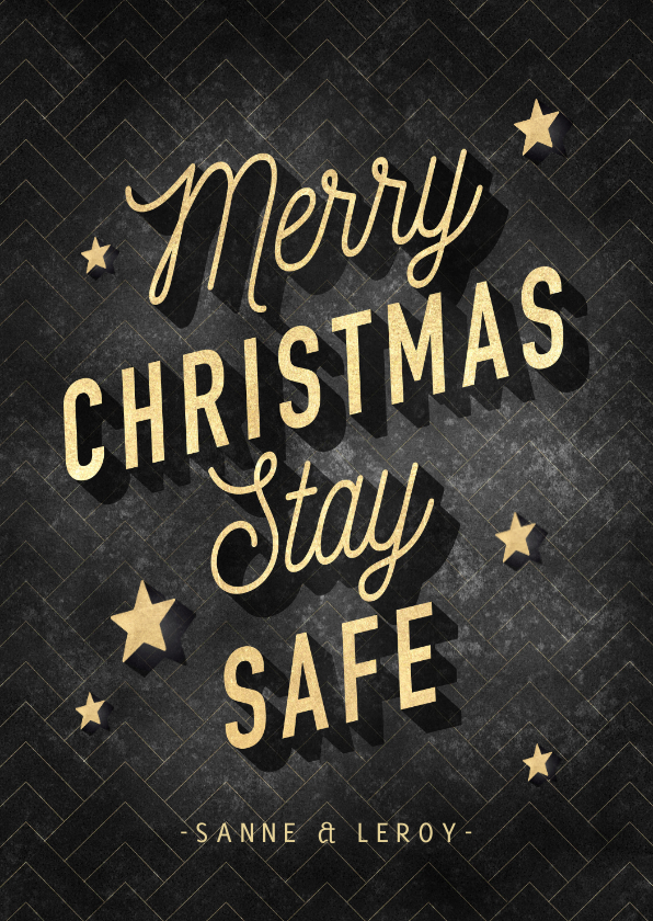 Vintage kerstkaart Merry Christmas Stay Safe, goud en zwart - Kerstkaarten Kerstkaarten - Vintage kerstkaart Merry Christmas Stay Safe, goud en zwart