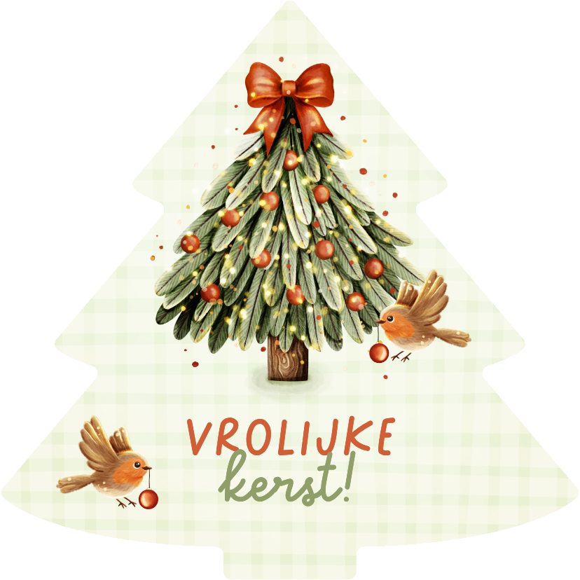 Vrolijk kerstkaartje kerstboom met roodborstjes - Kerstkaarten Kerstkaarten - Vrolijk kerstkaartje kerstboom met roodborstjes