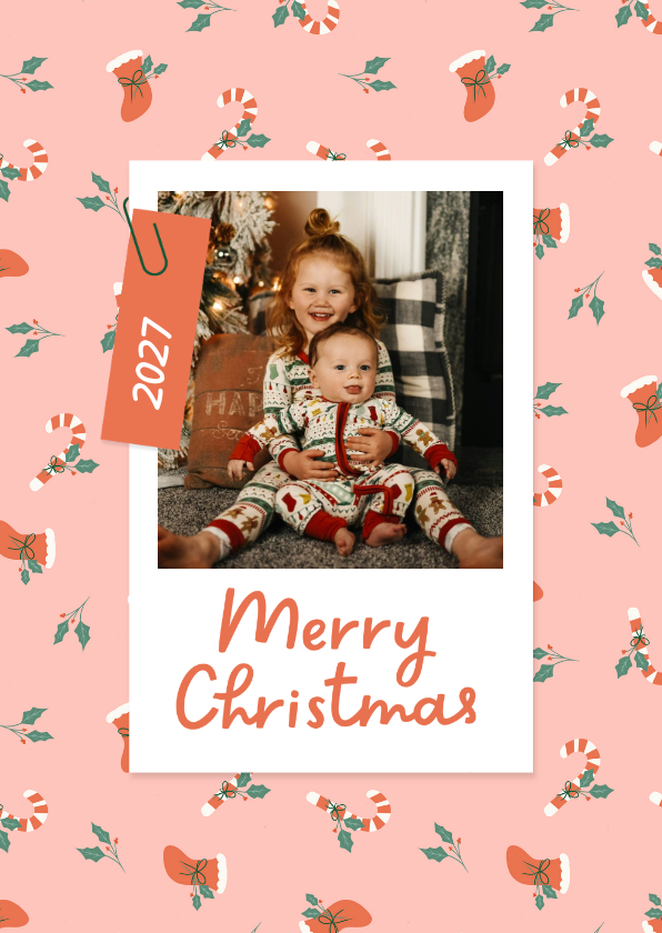 Vrolijk roze kerstkaartje met foto zuurstok hulst kerstsok - Kerstkaarten Kerstkaarten - Vrolijk roze kerstkaartje met foto zuurstok hulst kerstsok