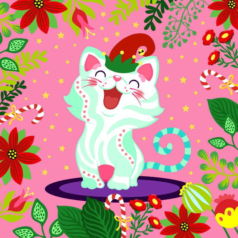 Vrolijke en kleurrijke kerstkaart met kat en bloemen - Kerstkaarten Kerstkaarten - Vrolijke en kleurrijke kerstkaart met kat en bloemen