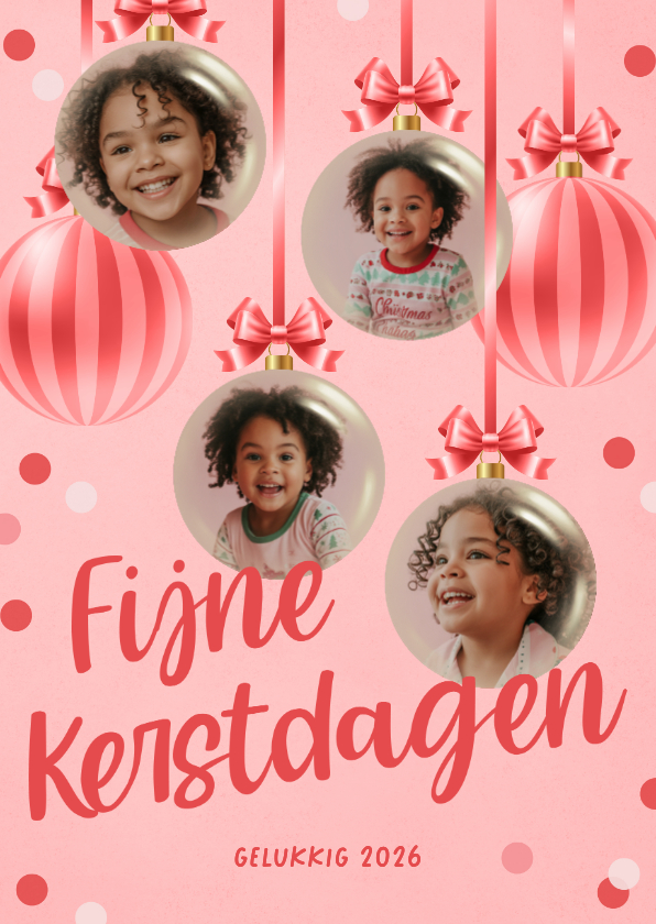 Vrolijke fotokerstkaart met roze kerstballen en confetti - Kerstkaarten Kerstkaarten - Vrolijke fotokerstkaart met roze kerstballen en confetti