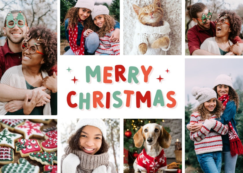 Vrolijke hippe fotocollage kerstkaart met 8 eigen foto's - Kerstkaarten Kerstkaarten - Vrolijke hippe fotocollage kerstkaart met 8 eigen foto's