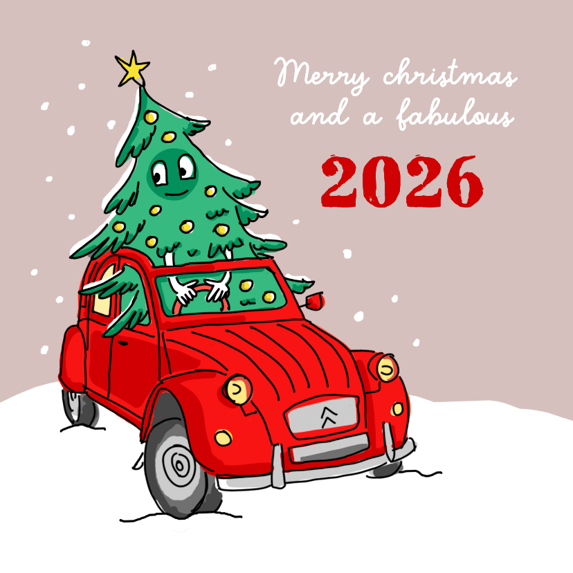 Kerstkaarten - Vrolijke kerstboom in oldtimer eend