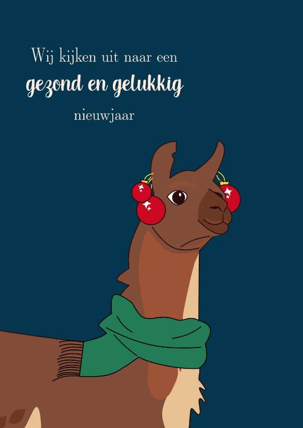 Kerstkaarten - Vrolijke kerstkaart alpaca met kerstballen