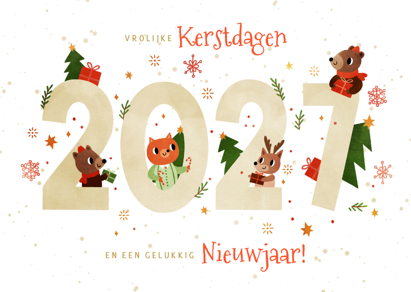 Kerstkaarten - Vrolijke kerstkaart dieren met cadeautjes 2027 wit