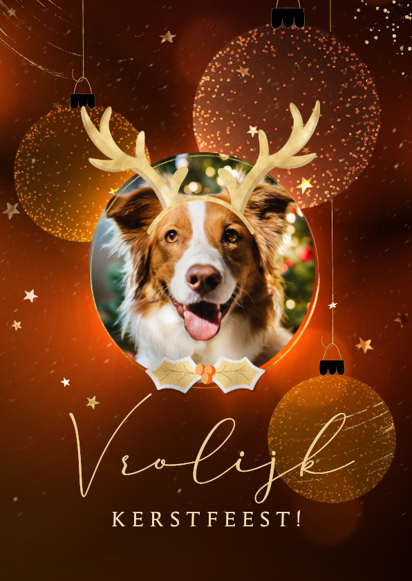 Vrolijke kerstkaart eigen foto met goudlook rendiergewei - Kerstkaarten Kerstkaarten - Vrolijke kerstkaart eigen foto met goudlook rendiergewei
