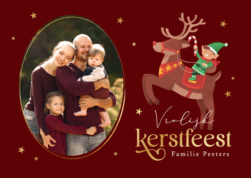 Kerstkaarten - Vrolijke kerstkaart elfjes rendier foto sterren feestdagen