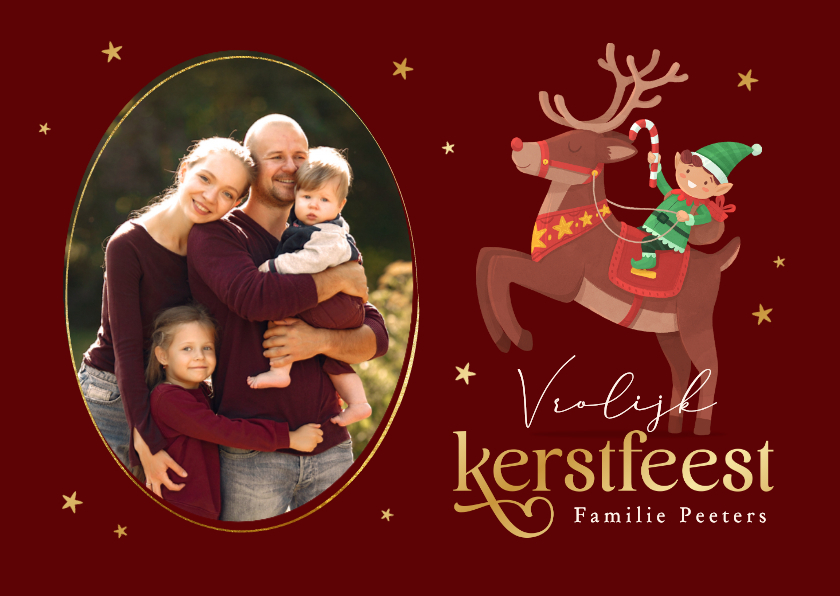 Vrolijke kerstkaart elfjes rendier foto sterren feestdagen - Kerstkaarten Kerstkaarten - Vrolijke kerstkaart elfjes rendier foto sterren feestdagen