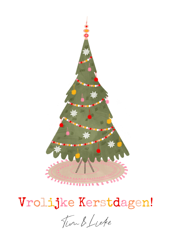 Kerstkaarten - Vrolijke kerstkaart kerstboom pompoms piek illustratie