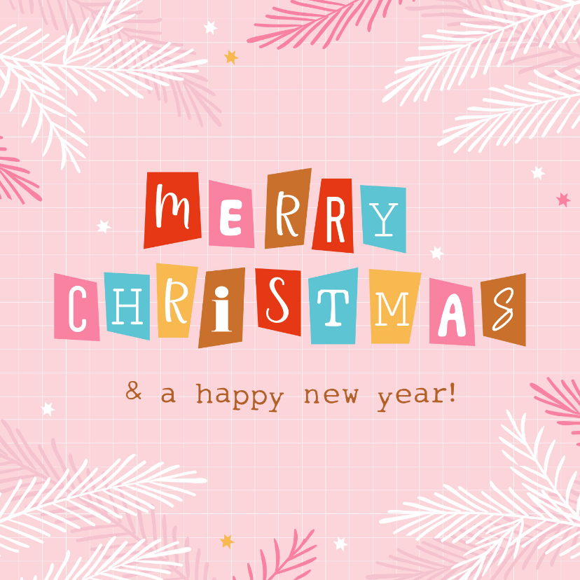 Vrolijke kerstkaart merry christmas roze en letters - Kerstkaarten Kerstkaarten - Vrolijke kerstkaart merry christmas roze en letters