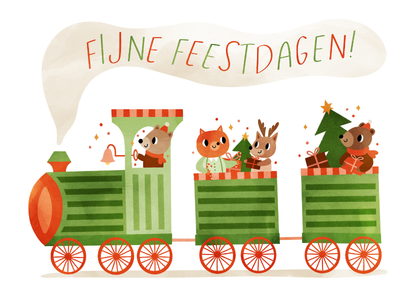 Kerstkaarten - Vrolijke kerstkaart met een trein vol dierenvriendjes
