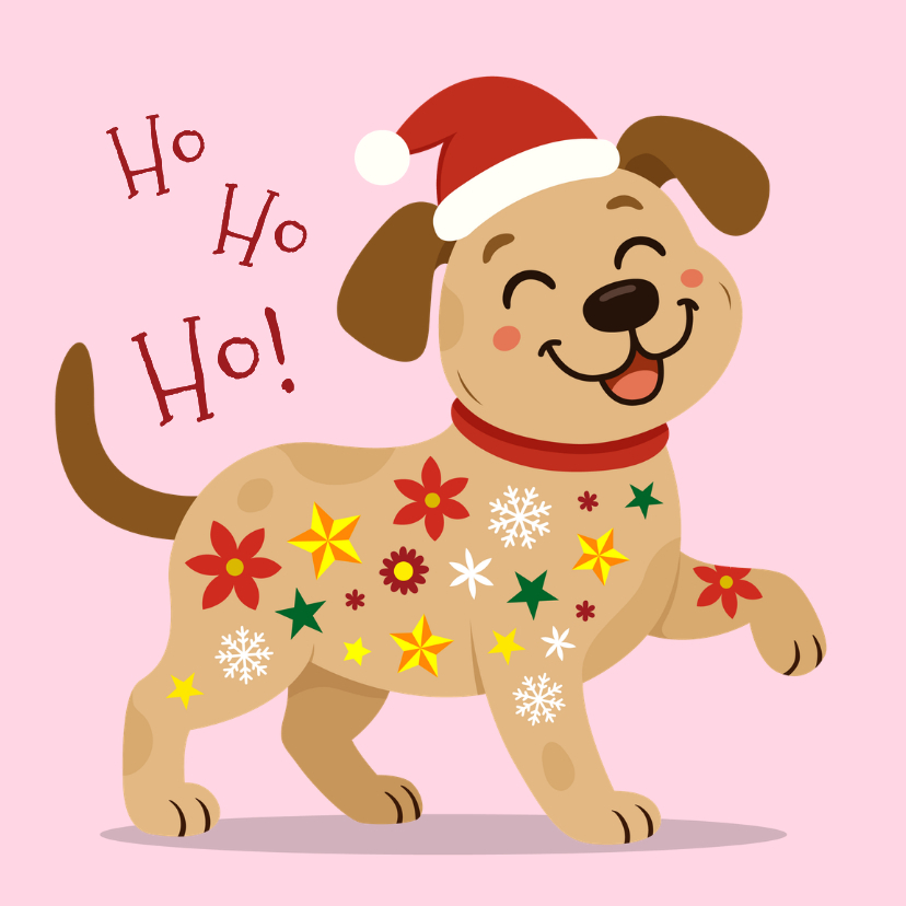 Vrolijke kerstkaart met hond en kerst items - Kerstkaarten Kerstkaarten - Vrolijke kerstkaart met hond en kerst items