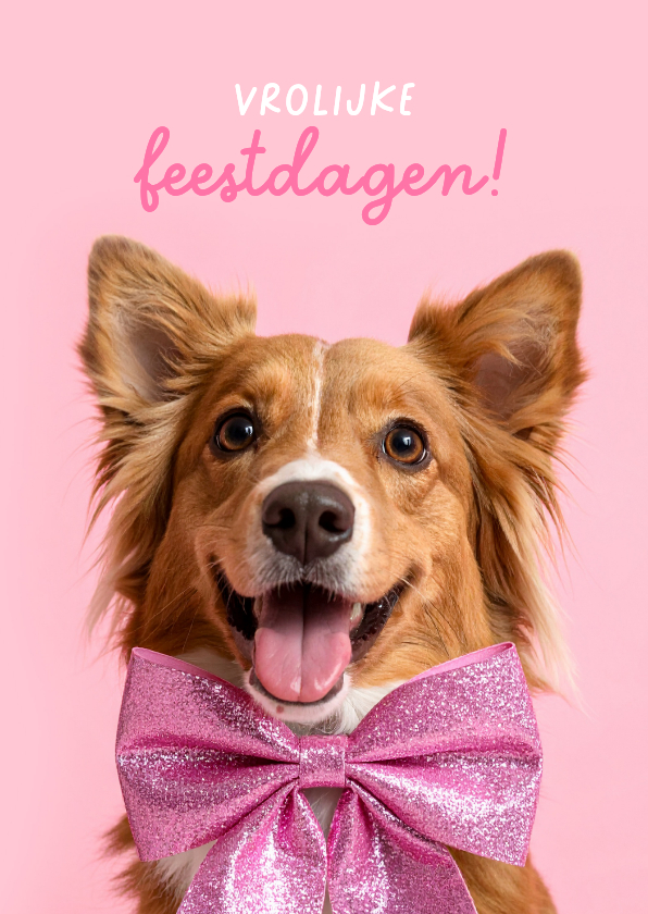 Kerstkaarten - Vrolijke kerstkaart met hond en roze strik