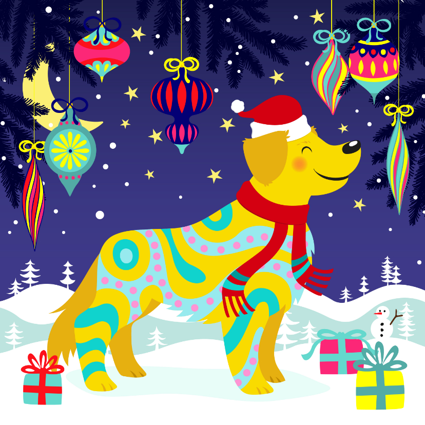 Vrolijke kerstkaart met hond en sneeuwvlokken - Kerstkaarten Kerstkaarten - Vrolijke kerstkaart met hond en sneeuwvlokken