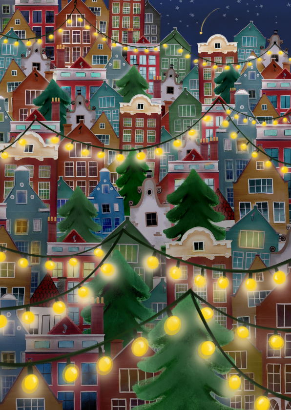 Kerstkaarten - Vrolijke Kerstkaart met huisjes en lichtjes