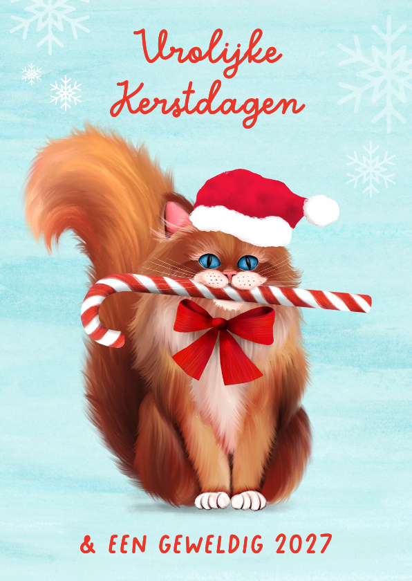 Vrolijke kerstkaart met kat en zuurstok - Kerstkaarten Kerstkaarten - Vrolijke kerstkaart met kat en zuurstok