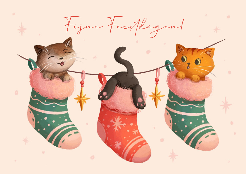 Vrolijke kerstkaart met katten in kerstsokken - Kerstkaarten Kerstkaarten - Vrolijke kerstkaart met katten in kerstsokken
