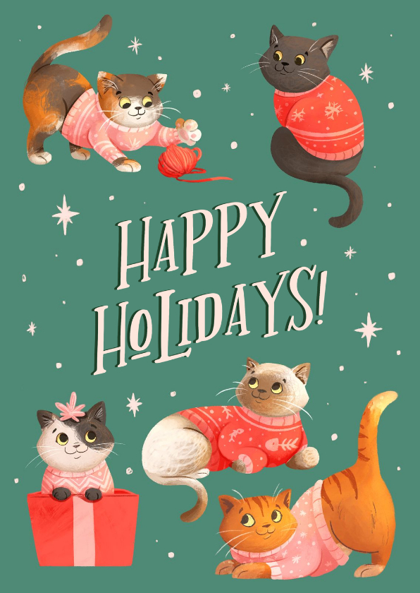 Vrolijke kerstkaart met katten in kersttrui - Kerstkaarten Kerstkaarten - Vrolijke kerstkaart met katten in kersttrui