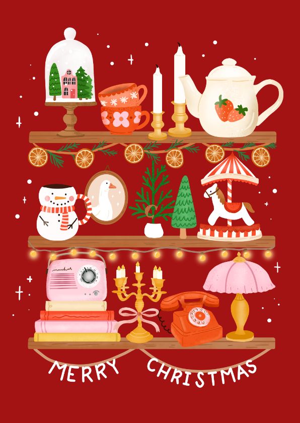 Vrolijke kerstkaart met kerstitems op planken - Kerstkaarten Kerstkaarten - Vrolijke kerstkaart met kerstitems op planken