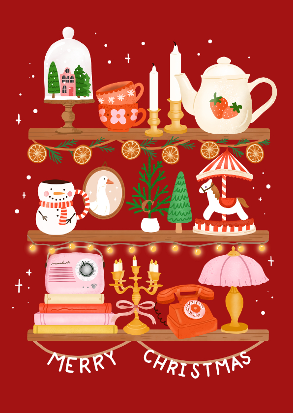 Vrolijke kerstkaart met kerstitems op planken - Kerstkaarten Kerstkaarten - Vrolijke kerstkaart met kerstitems op planken