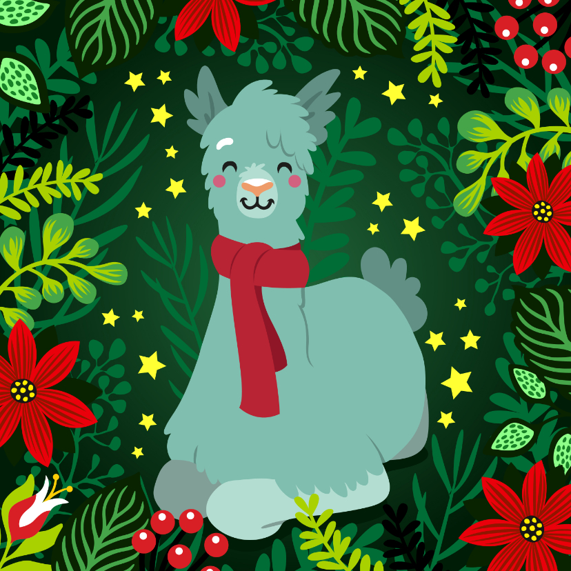 Vrolijke kerstkaart met lama met sjaal, bloemen en planten - Kerstkaarten Kerstkaarten - Vrolijke kerstkaart met lama met sjaal, bloemen en planten