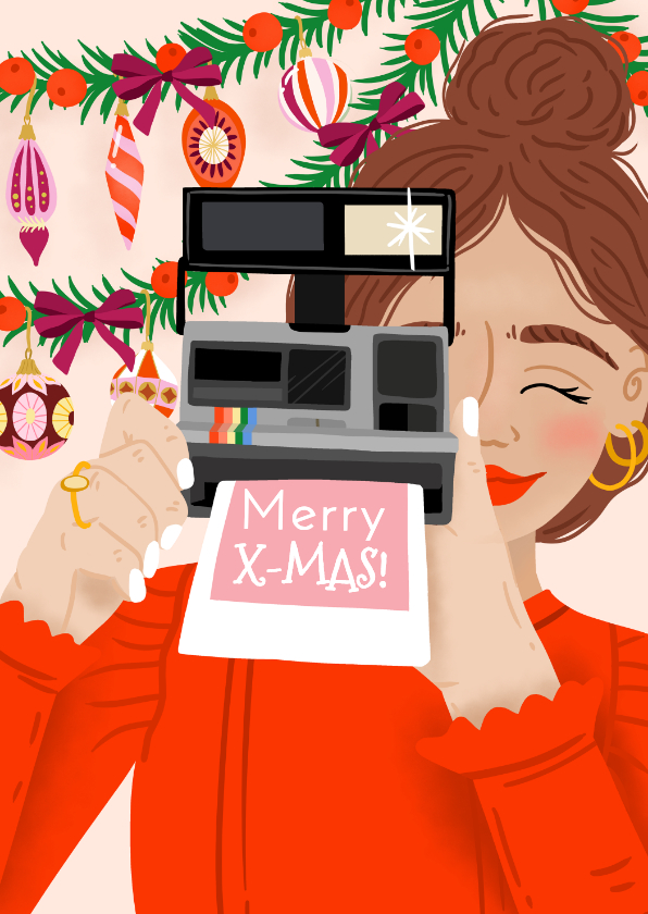 Vrolijke kerstkaart met meisje en polaroid camera - Kerstkaarten Kerstkaarten - Vrolijke kerstkaart met meisje en polaroid camera