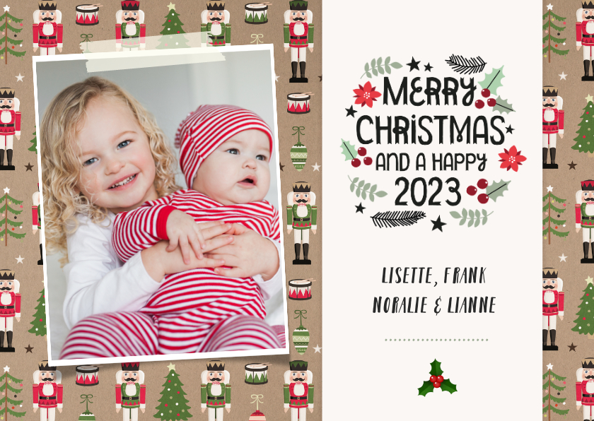 Vrolijke kerstkaart met notenkraker patroon en eigen foto - Kerstkaarten Kerstkaarten - Vrolijke kerstkaart met notenkraker patroon en eigen foto
