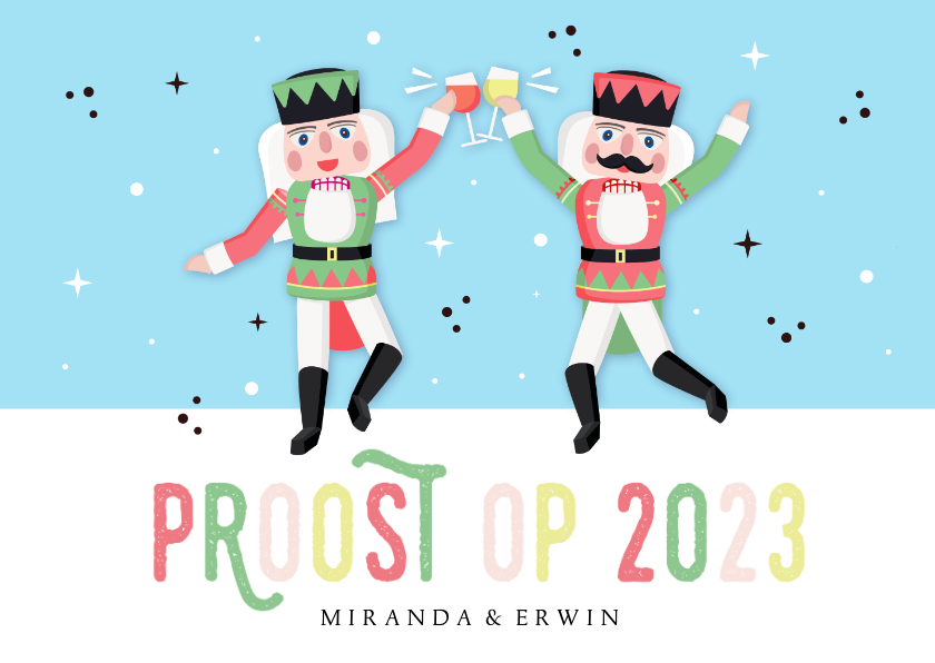 Vrolijke kerstkaart met notenkrakers die proosten op 2022 - Kerstkaarten Kerstkaarten - Vrolijke kerstkaart met notenkrakers die proosten op 2022