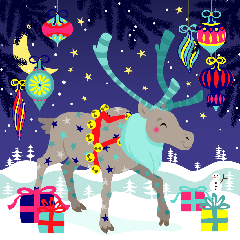 Vrolijke kerstkaart met rendier en kerstballen - Kerstkaarten Kerstkaarten - Vrolijke kerstkaart met rendier en kerstballen