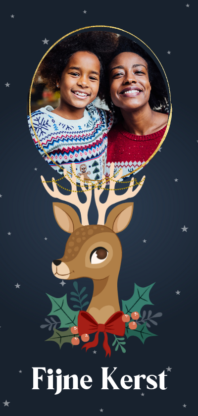Vrolijke kerstkaart met rendier, foto en kerstversiering - Kerstkaarten Kerstkaarten - Vrolijke kerstkaart met rendier, foto en kerstversiering