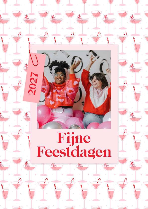 Vrolijke kerstkaart met roze cocktails en foto enkel - Kerstkaarten Kerstkaarten - Vrolijke kerstkaart met roze cocktails en foto enkel