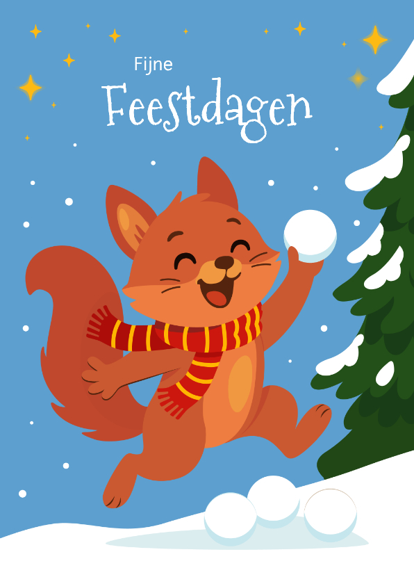 Vrolijke kerstkaart met sneeuwbal gooiende vos! - Kerstkaarten Kerstkaarten - Vrolijke kerstkaart met sneeuwbal gooiende vos!