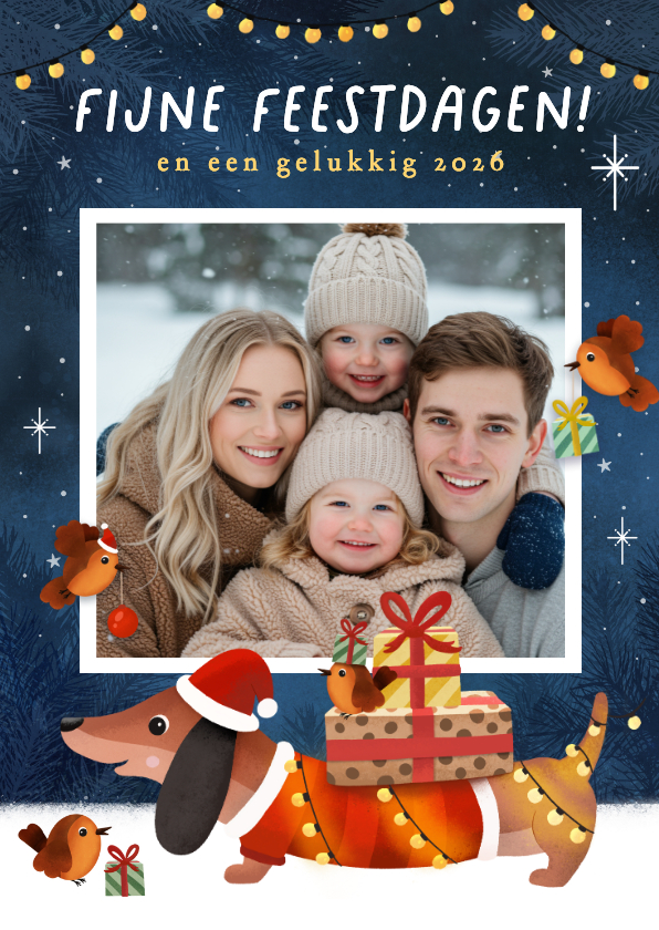 Vrolijke kerstkaart met teckel en roodborstjes en foto - Kerstkaarten Kerstkaarten - Vrolijke kerstkaart met teckel en roodborstjes en foto