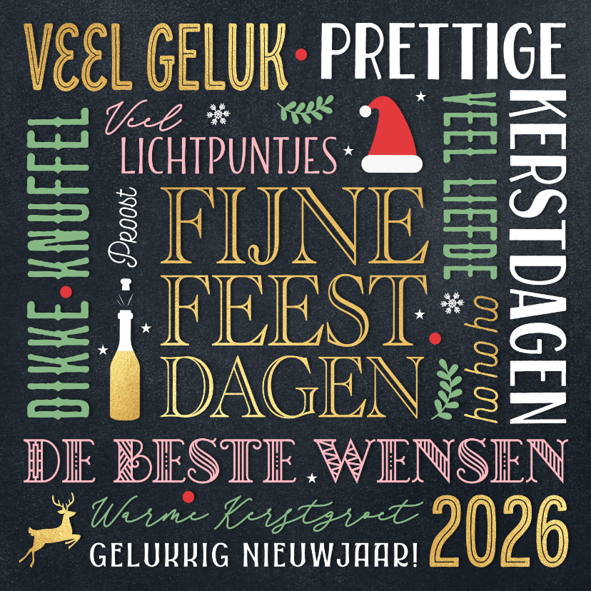 Kerstkaarten - Vrolijke kerstkaart met typografie in goud en groen
