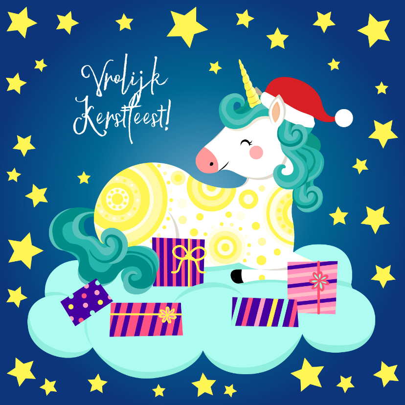 Vrolijke kerstkaart met unicorn op een wolk - Kerstkaarten Kerstkaarten - Vrolijke kerstkaart met unicorn op een wolk