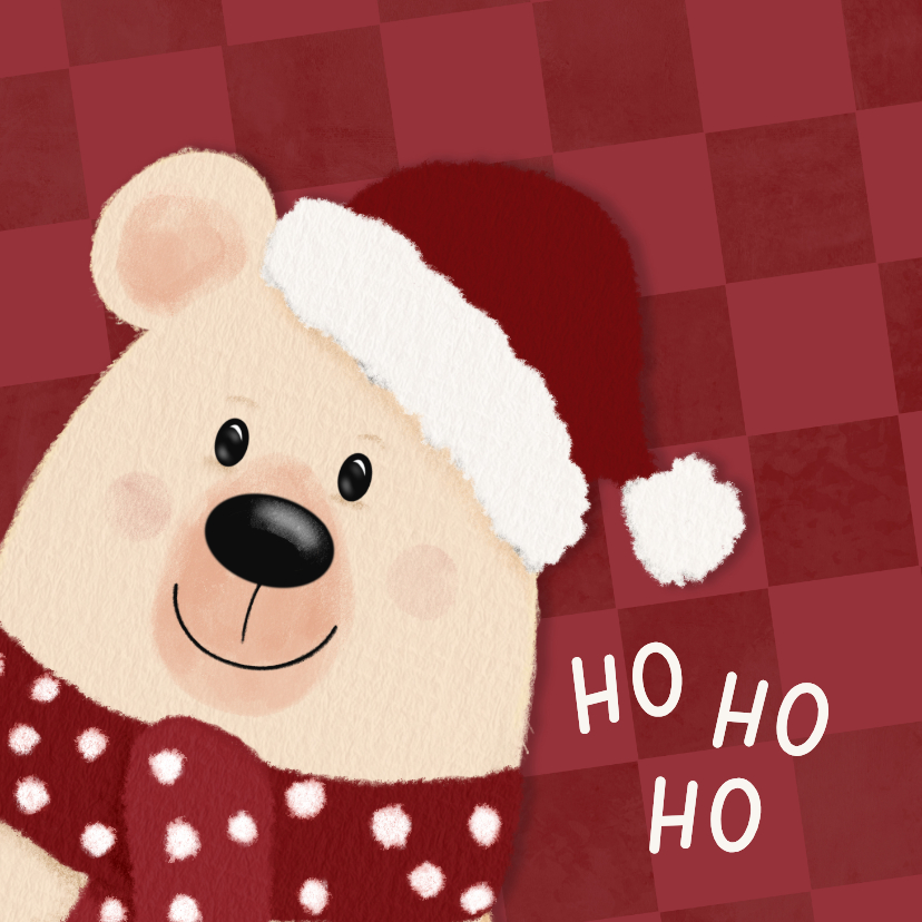 Kerstkaarten - Vrolijke kerstkaart rode ruit en met beer en kerstmuts