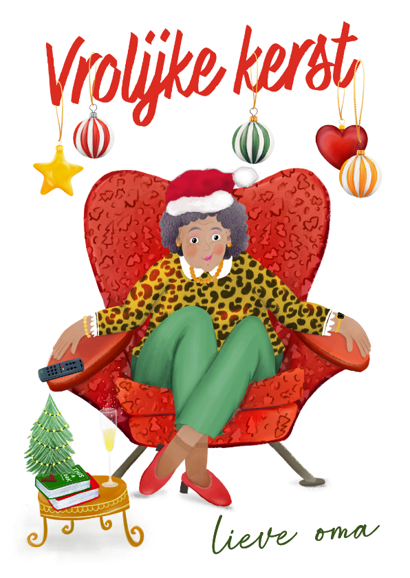 Vrolijke kerstkaart van oma in haar relaxstoel - Kerstkaarten Kerstkaarten - Vrolijke kerstkaart van oma in haar relaxstoel