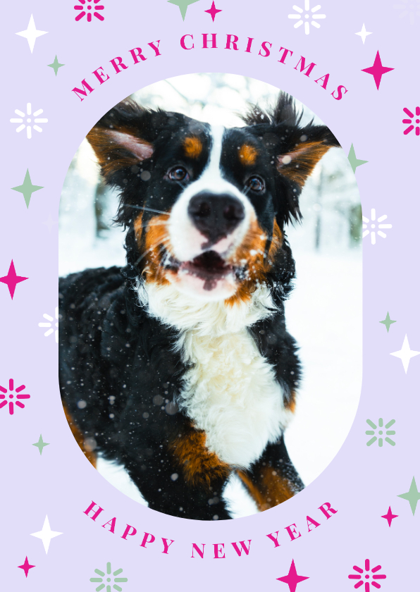 Vrolijke lila kerstkaart met een grote foto en doodles - Kerstkaarten Kerstkaarten - Vrolijke lila kerstkaart met een grote foto en doodles