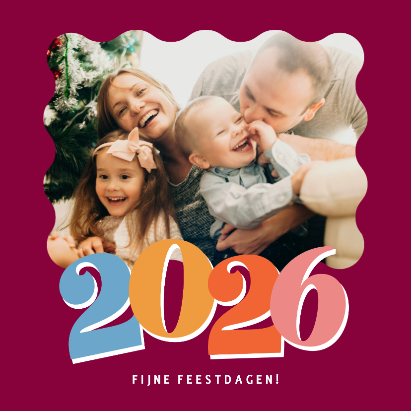 Kerstkaarten - Vrolijke paarse foto kerstkaart met gekleurd jaartal