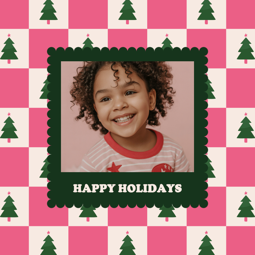 Vrolijke roze foto kerstkaart blokjespatroon met kerstbomen - Kerstkaarten Kerstkaarten - Vrolijke roze foto kerstkaart blokjespatroon met kerstbomen