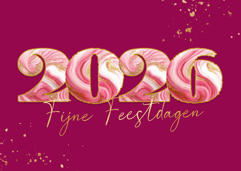 Kerstkaarten - Vrolijke roze kerstkaart met gemarmerd jaartal
